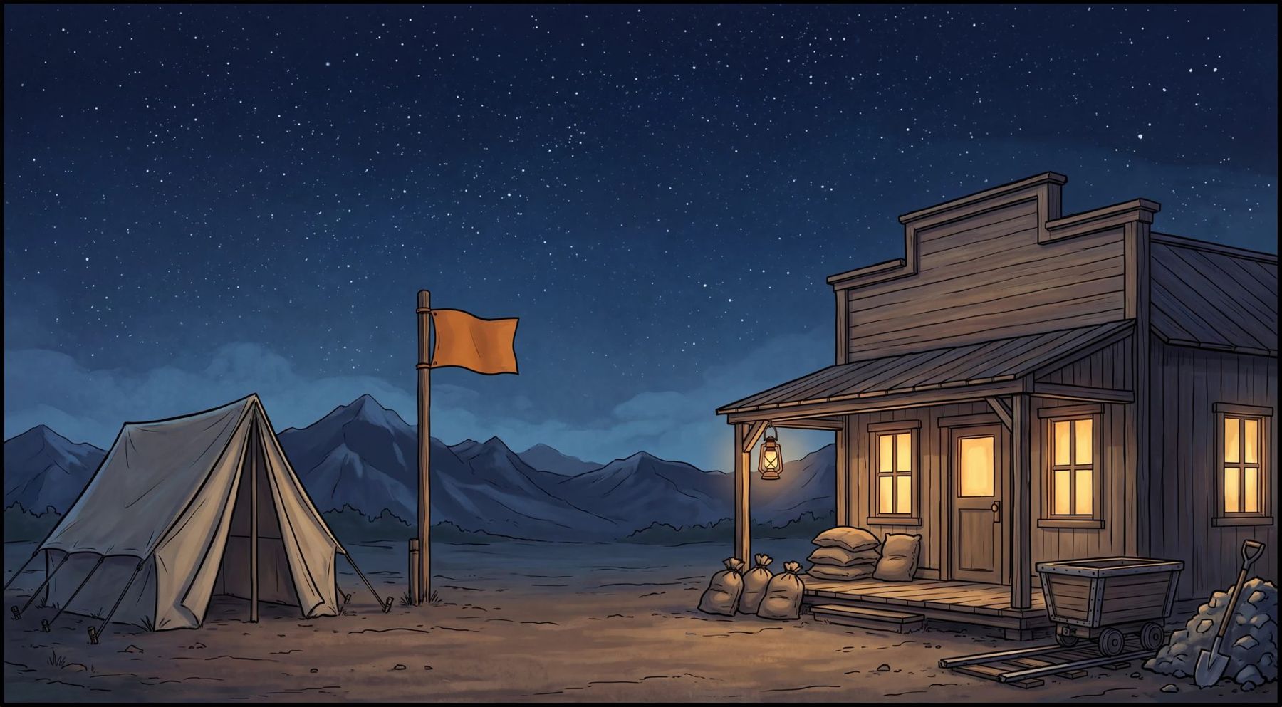 Illustration: a tent and a lit assay office under the stars