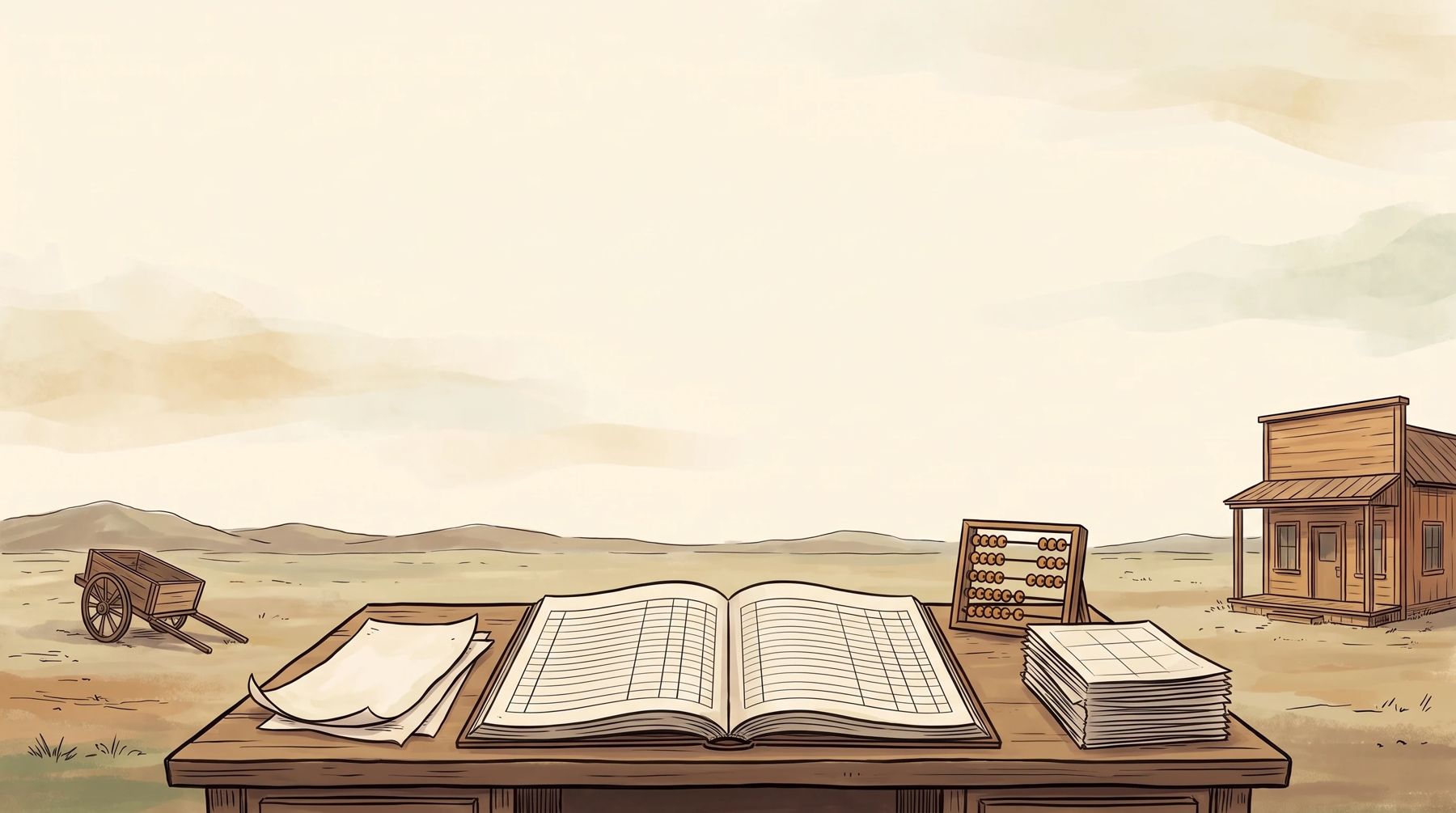 Illustration: an open ledger, an abacus and papers on a desk