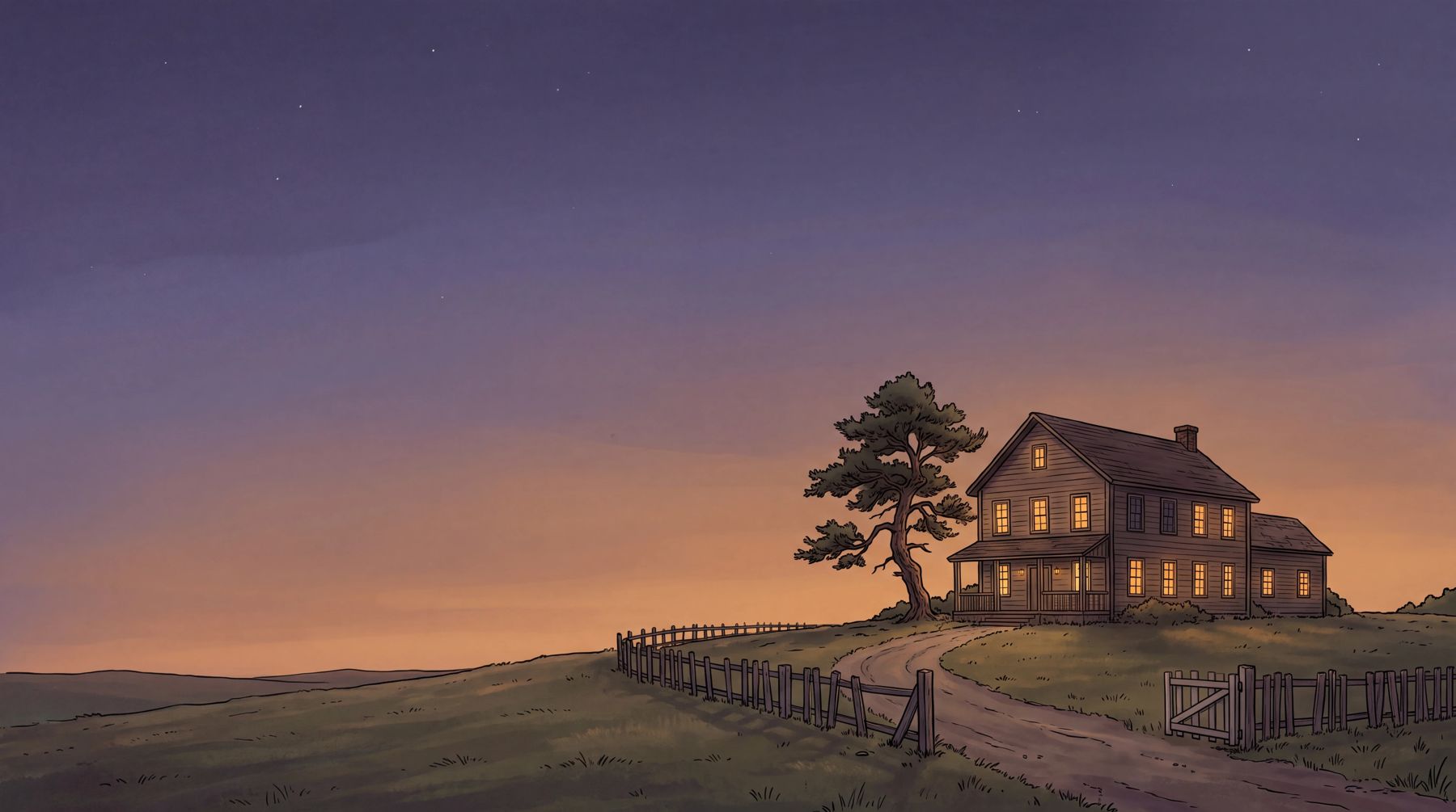 Illustration: a farmhouse at dusk behind a fence