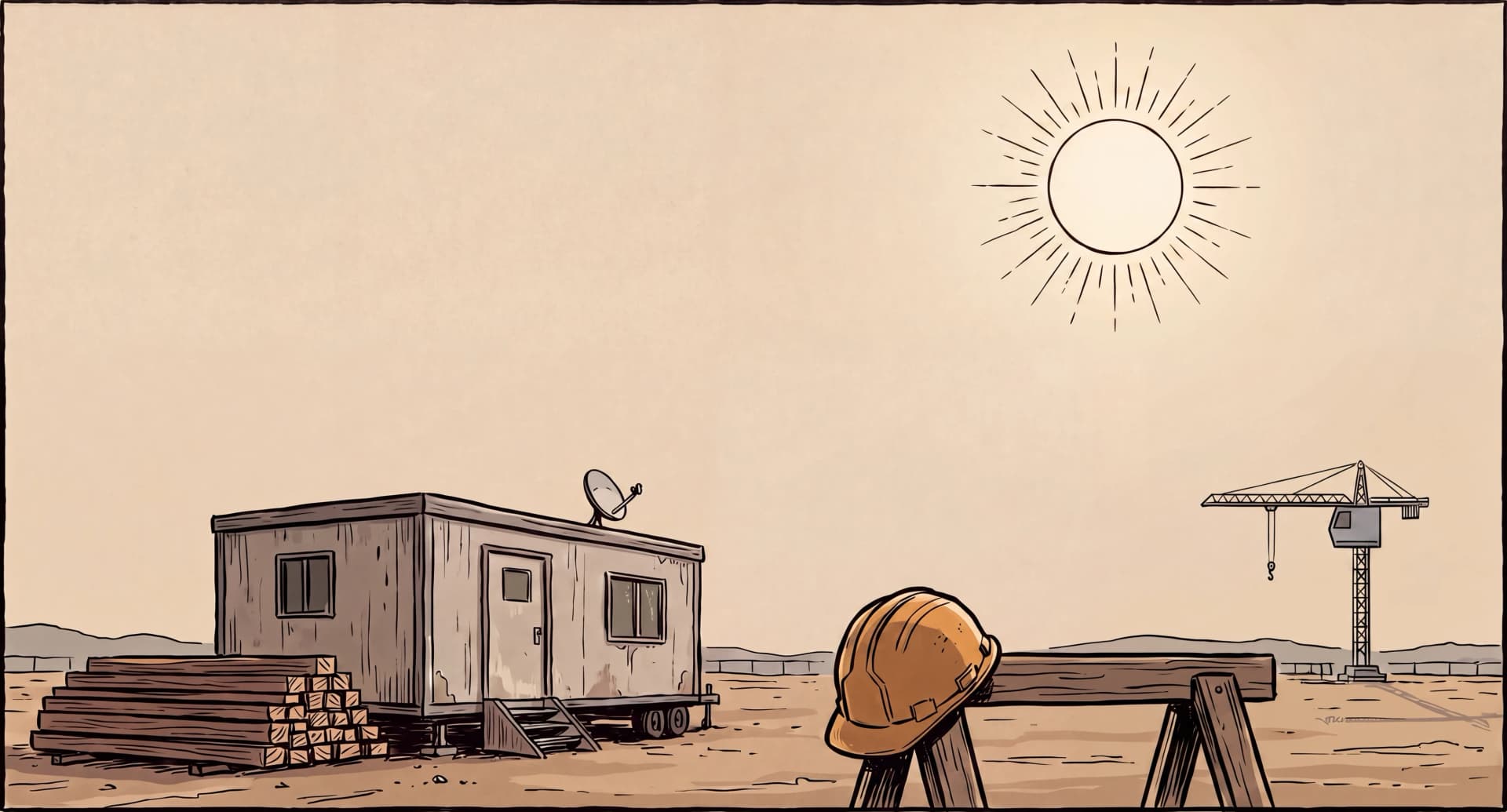 Illustration: a job trailer, a hard hat and a tower crane on an open site