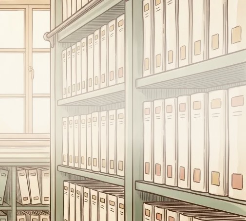 Illustration: shelves of binders in a sunlit records room
