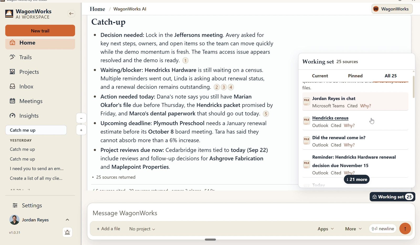 Screenshot: WagonWorks v1.0.31 · Working set: every source the answer used