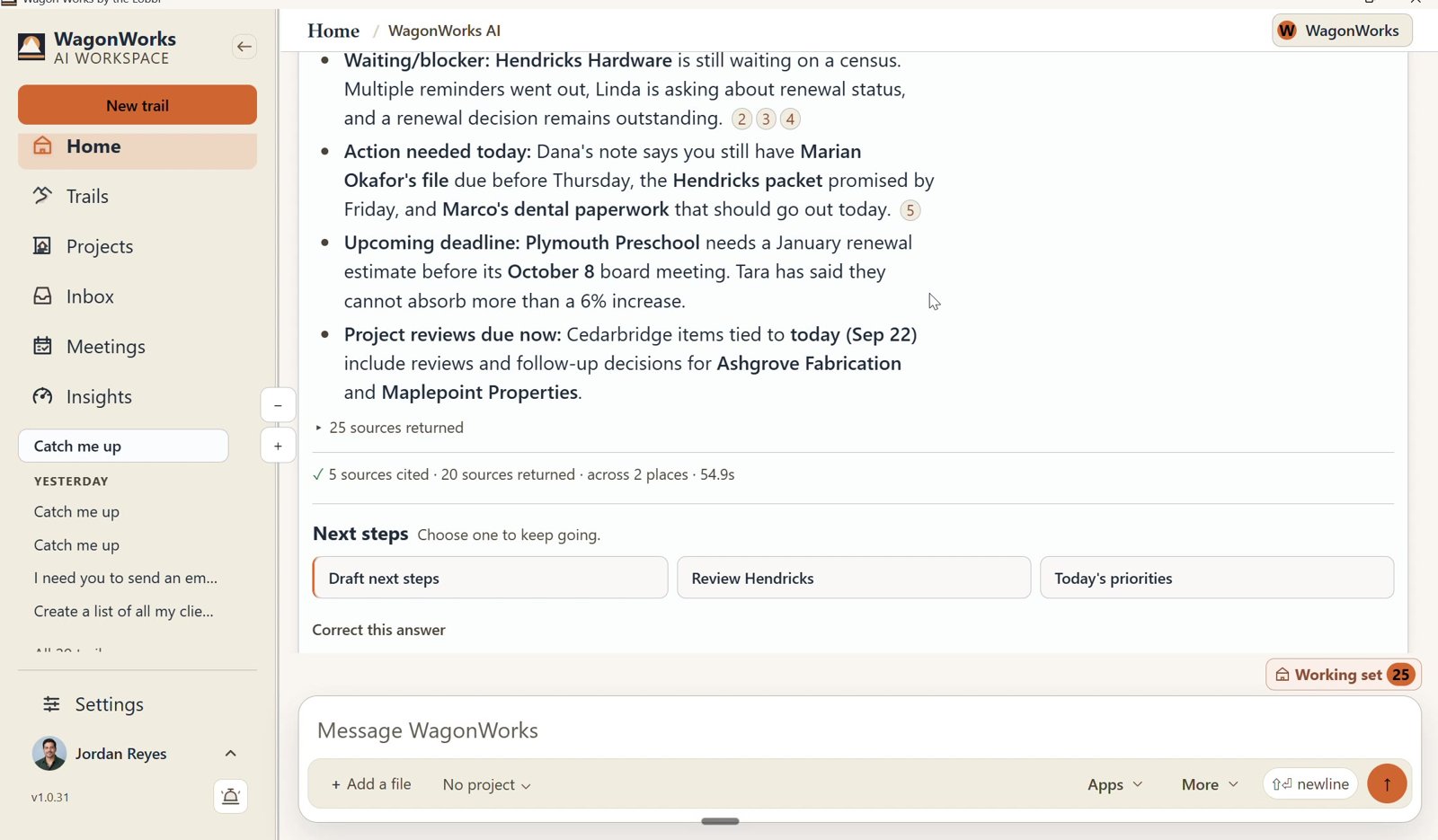 Screenshot: WagonWorks v1.0.31 · Catch me up with numbered sources