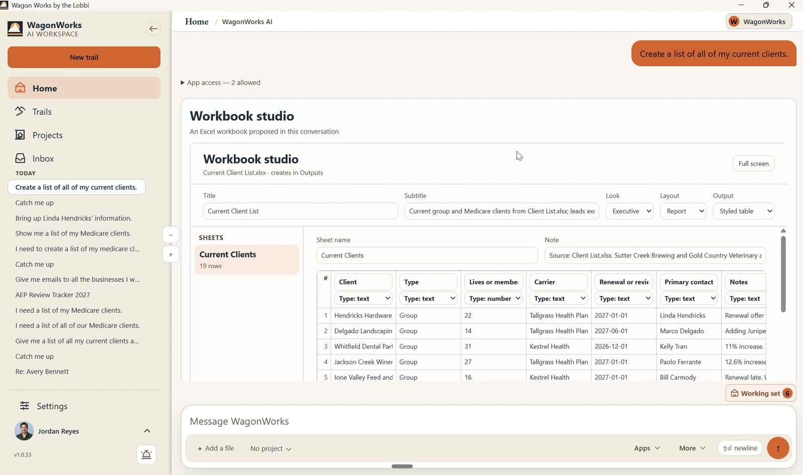 Screenshot: WagonWorks v1.0.33 · Workbook studio building an Excel file