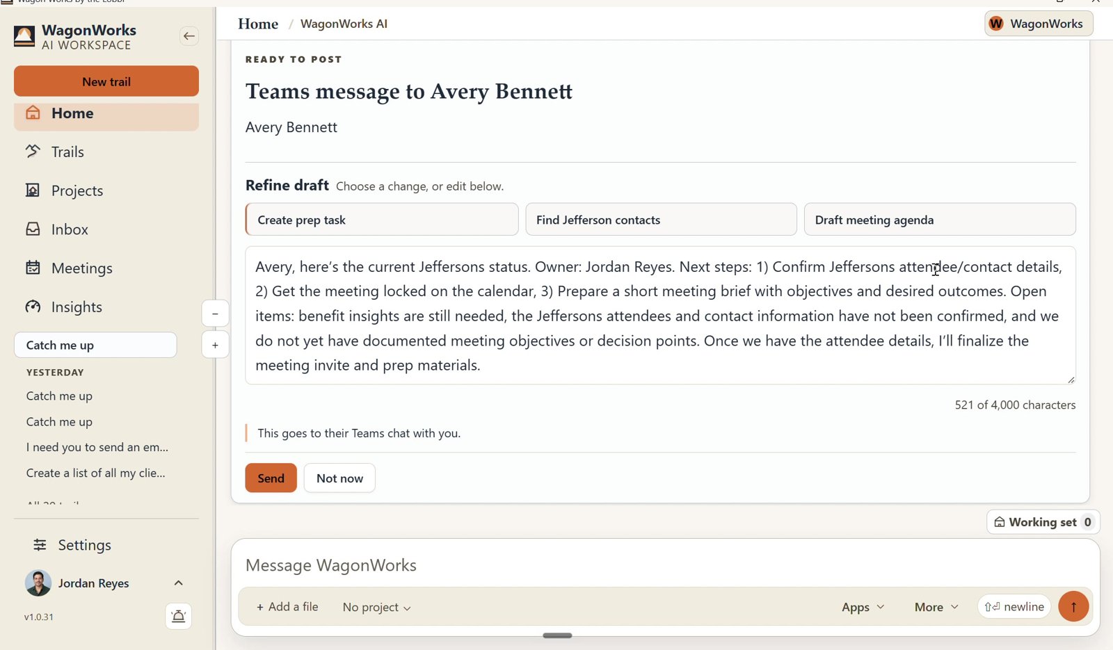 Screenshot: WagonWorks v1.0.31 · Ready to post: Send or Not now