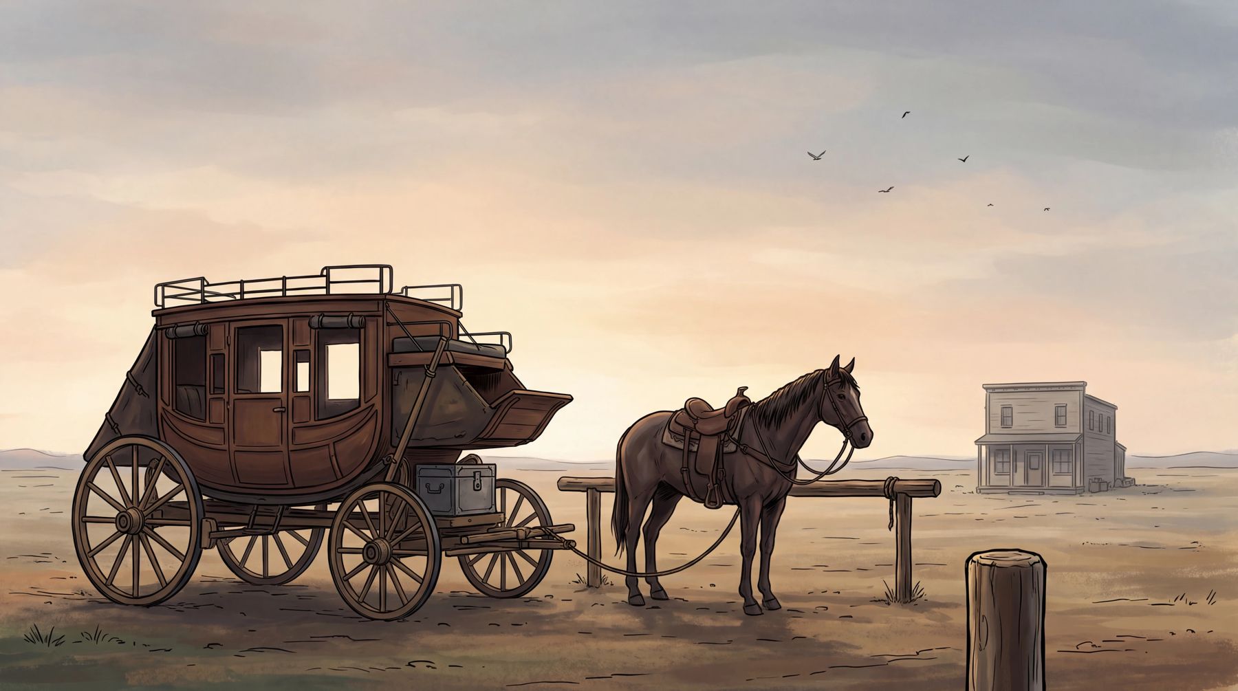 Illustration: a stagecoach and horse at a hitching post